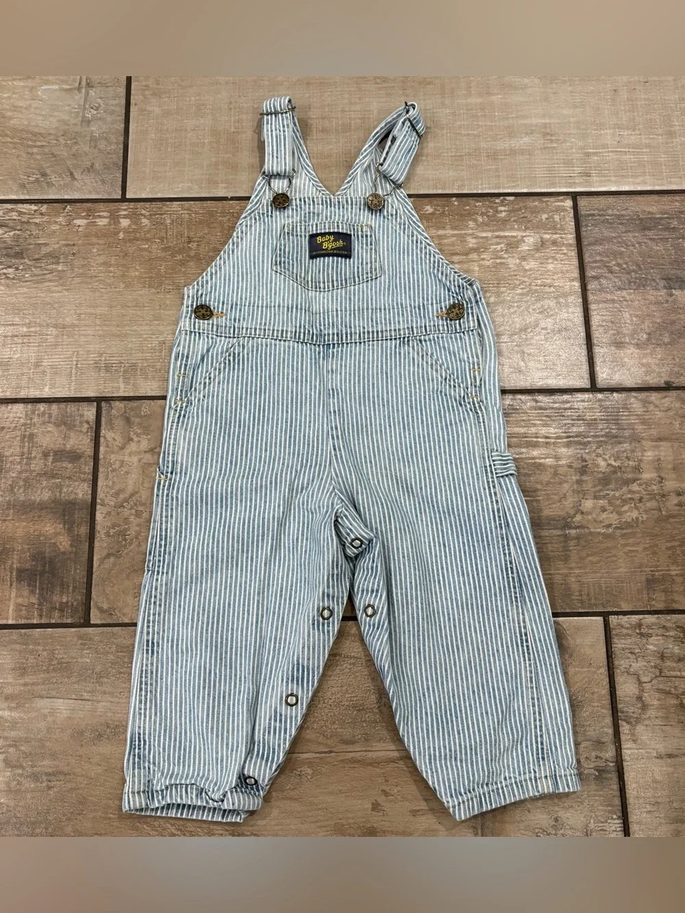Vintage OshKosh B'gosh Classic Blue & White Hickory Stripe Denim Overalls 24M